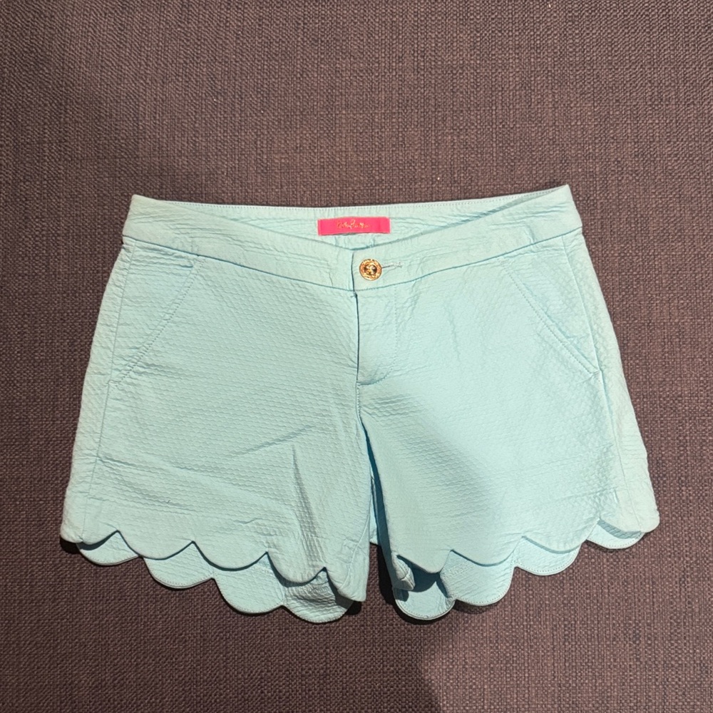 Lilly Pulitzer Aqua Scalloped High Waist Shorts